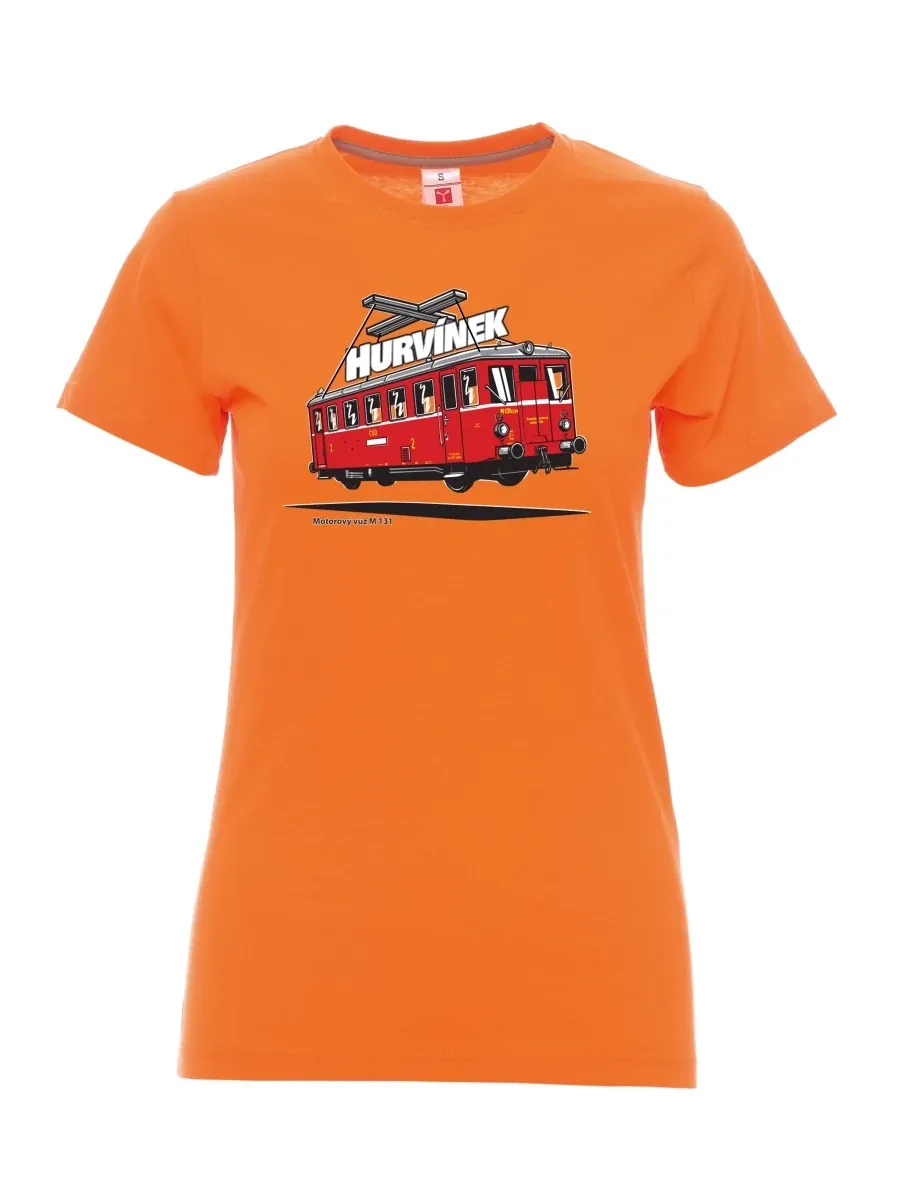 Damski t-shirt pomarańczowy Wagon silnikowy M 131 „Hurvínek“