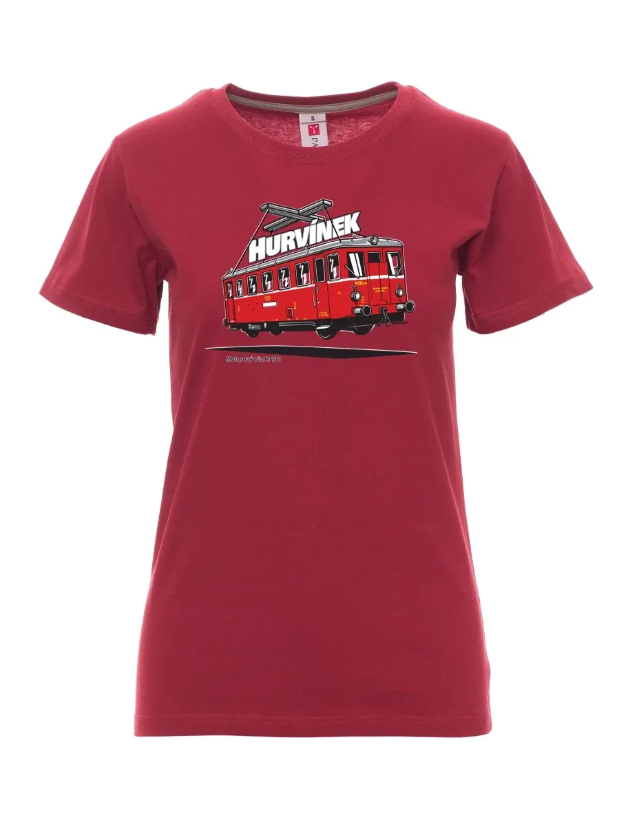 Damski t-shirt bordowy Wagon silnikowy M 131 „Hurvínek“