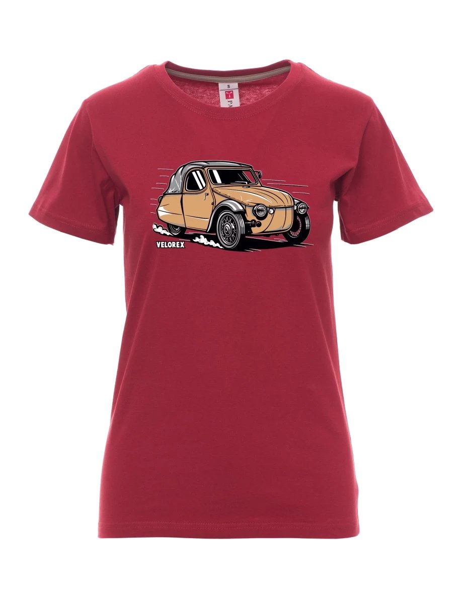 Damski t-shirt bordowy Samochód Velorex