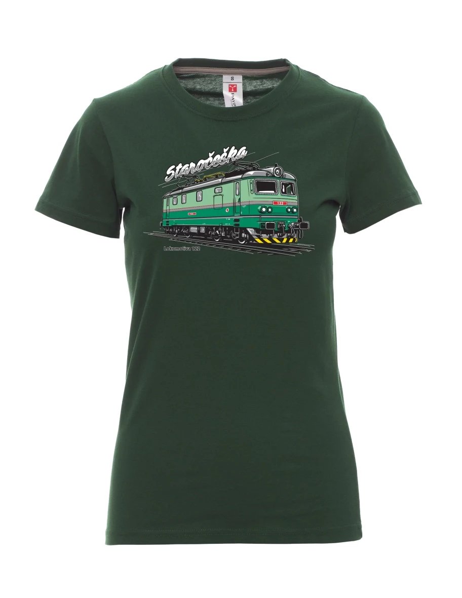 Damski t-shirt ciemnozielony Lokomotywa 122 „Staročeška“