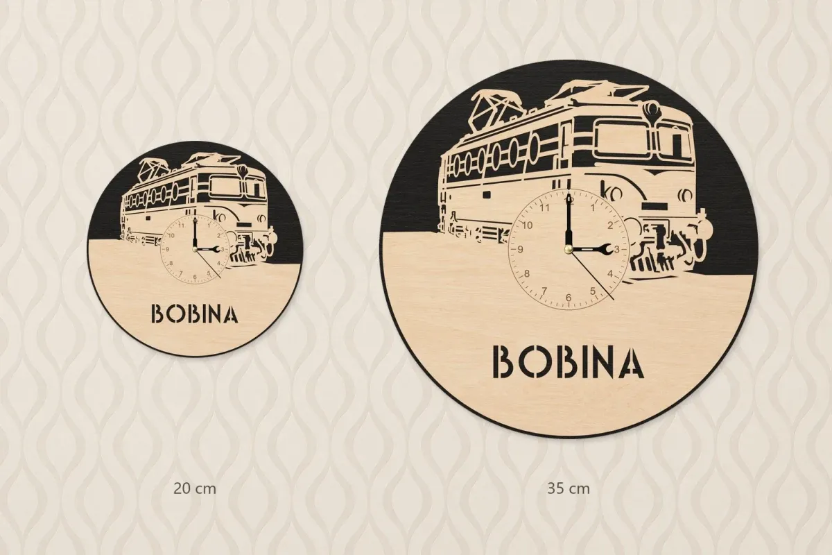 Drewniany zegar ścienny z motywem lokomotywy 140 „Bobina”