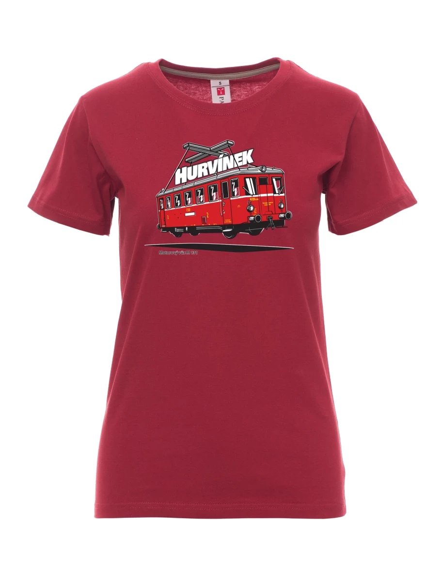 Damski t-shirt bordowy Wagon silnikowy M 131 „Hurvínek“