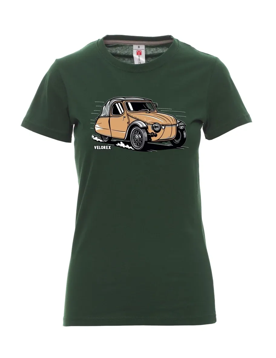 Damski t-shirt ciemnozielony Samochód Velorex