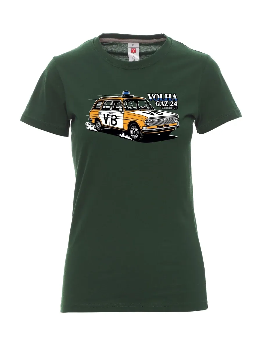 Damski t-shirt ciemnozielony Samochód Wołga GAZ 24 VB